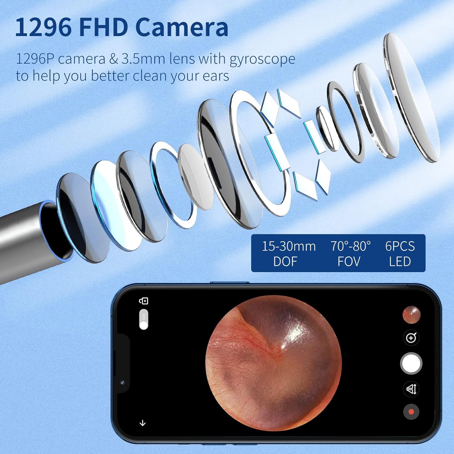 Ear Wax Removal Kit Ear Camera 1296P High-Definition Earwax Cleaner Portable USB Charging Visible 6 LED Otoscope for Iphone, Ipad, Android